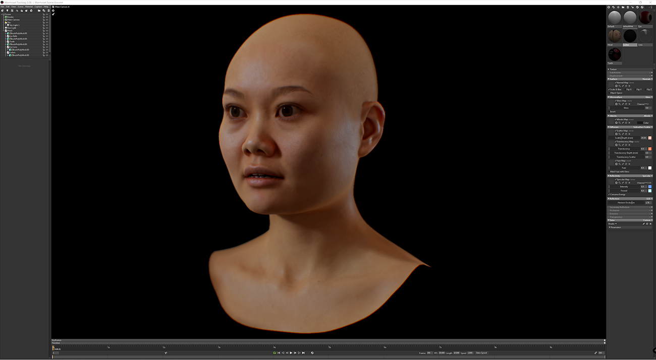 Marmoset 3d render of Asian 20's girl 3d head model